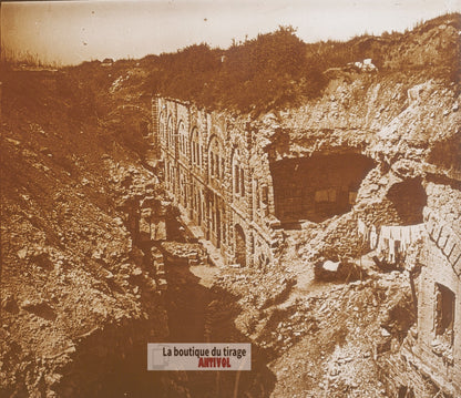 Fort de Douaumont, guerre WW1, plaque verre photo ancienne stéréo 6x13 cm