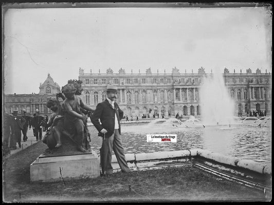 Château Versailles, Plaque verre photo ancienne, négatif noir & blanc 9x12 cm