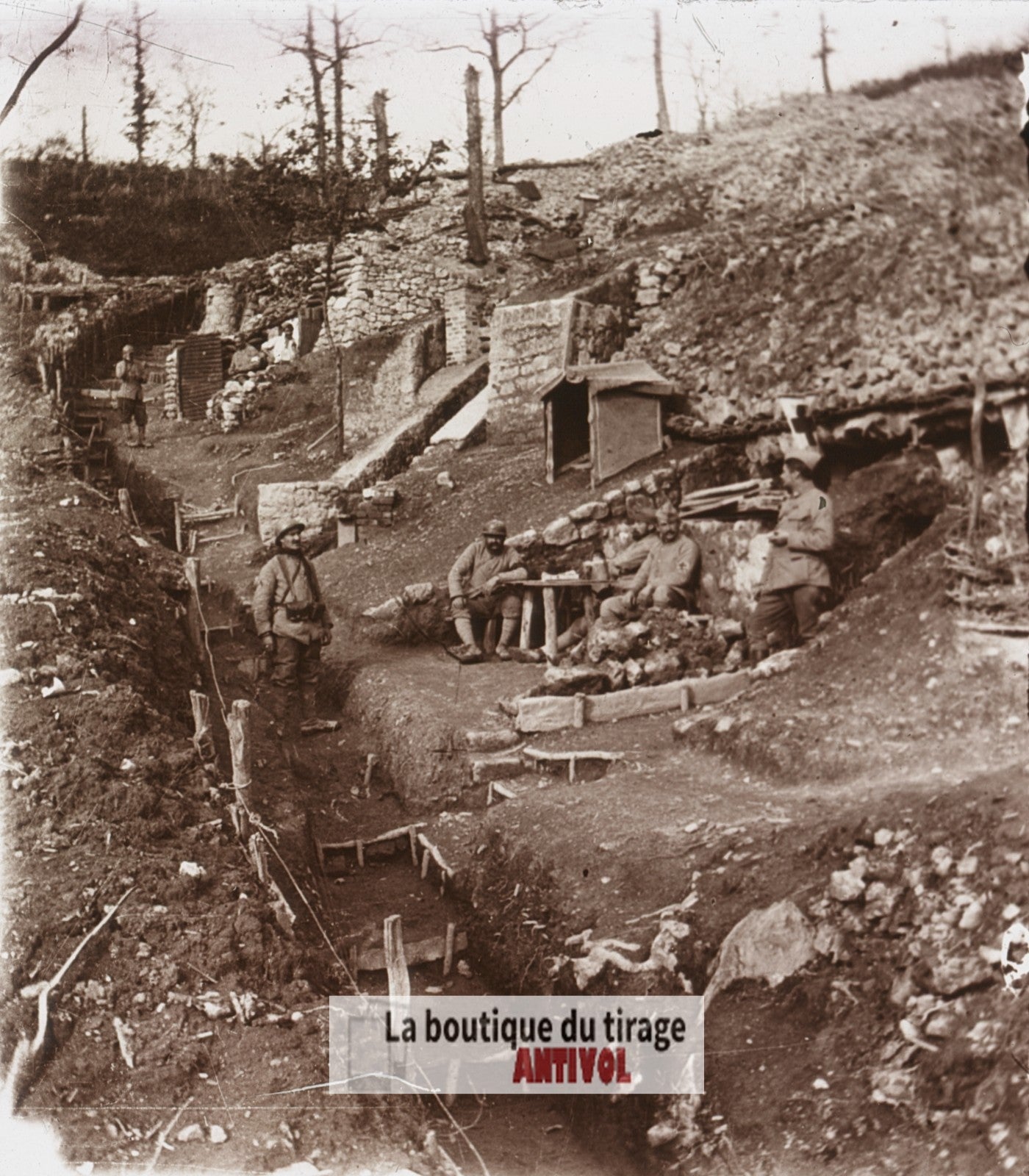 Abris de 2ᵉ ligne, Lorraine, guerre WW1, plaque verre stéréo, photo 4,5x10,7 cm