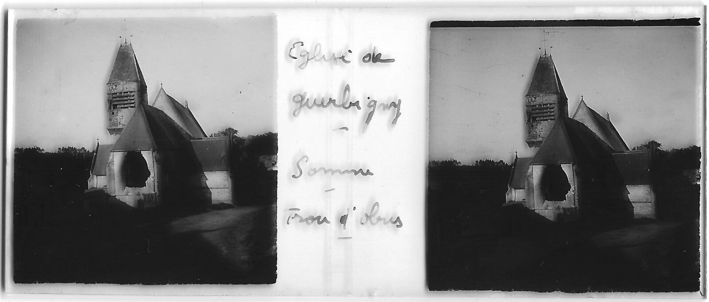 Guerbigny, obus, Plaque verre stéréo, positif ancien noir & blanc 4,5x10,7 cm