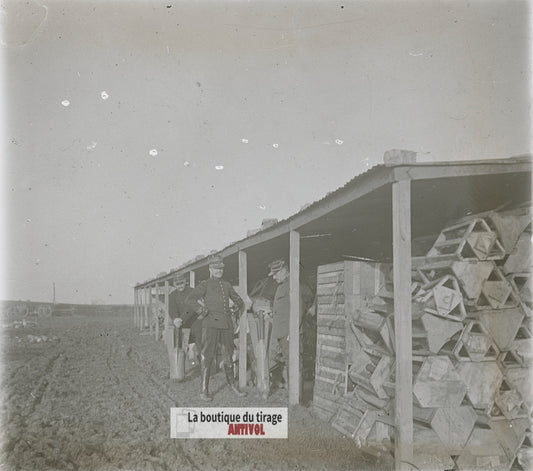 Stockage d’artillerie, guerre WW1, plaque verre photo ancienne stéréo 6x13 cm