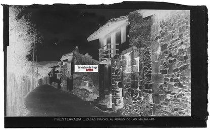 Plaque verre photo vintage négatif noir & blanc 9x14 cm Fuenterrabia, rue