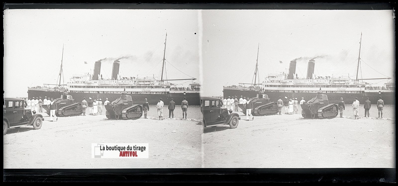 Voiture bateau, chars Renault FT, plaque verre photo stéréo, négatif N&B 6x13 cm