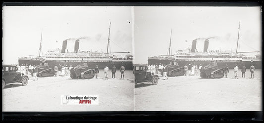 Voiture bateau, chars Renault FT, plaque verre photo stéréo, négatif N&B 6x13 cm