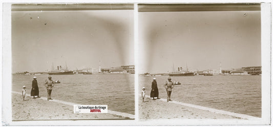 Port de Bizerte, Tunisie, plaque verre, photo ancienne stéréo, N&B 6x13 cm