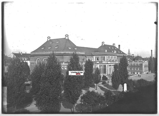 Plaque verre photo positif noir & blanc 13x18 cm Mulhouse, bains bâtiment