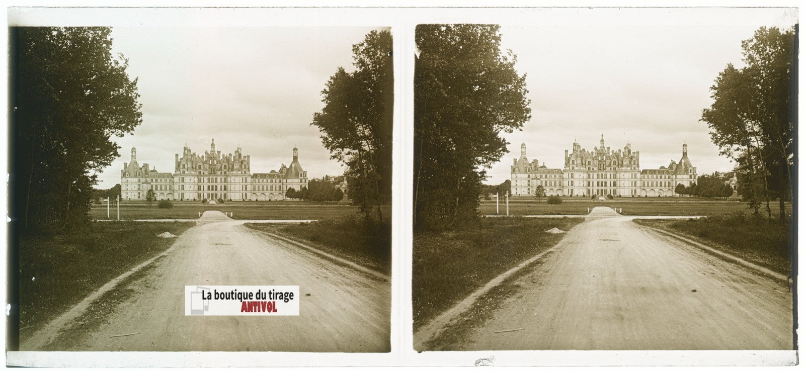 Château de Chambord, plaque verre, photo stéréoscopie, noir & blanc 6x13 cm
