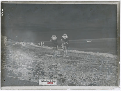 Plage, Berck-sur-Mer, enfants, plaque verre photo ancienne, négatif 9x12 cm