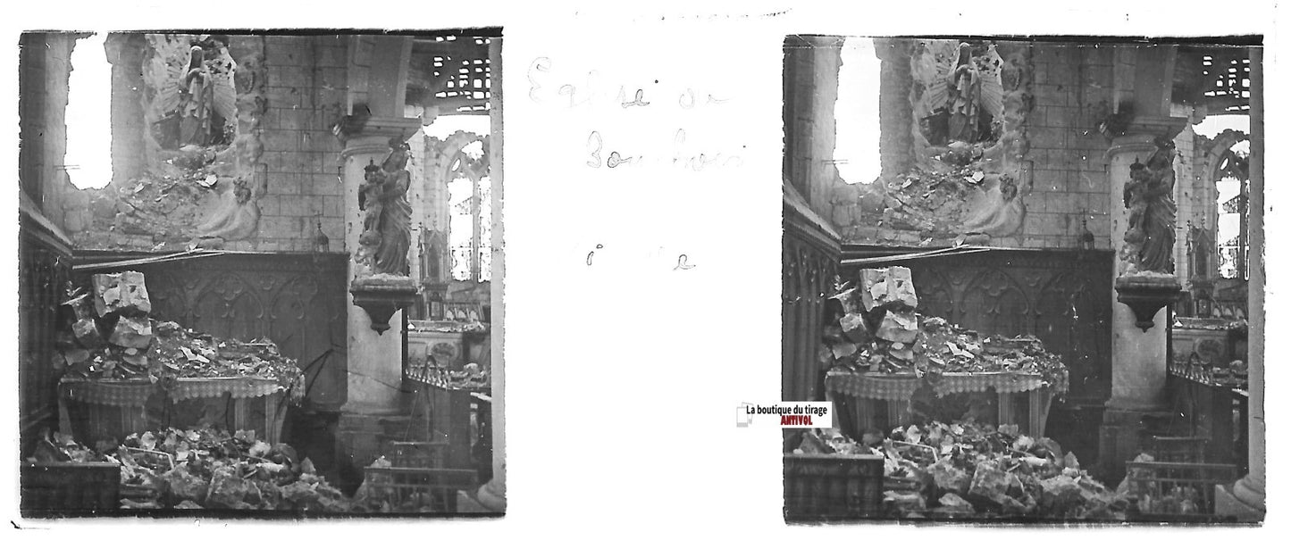 Bouchoir église, Plaque verre stéréo, positif ancien noir & blanc 4,5x10,7 cm