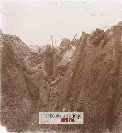 Mesnil-lès-Hurlus, tranchée, guerre WW1, plaque verre stéréo, photo 4,5x10,7 cm