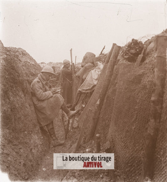Mesnil-lès-Hurlus, tranchée, guerre WW1, plaque verre stéréo, photo 4,5x10,7 cm