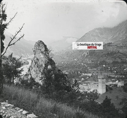 Village Castellane, Provence, photo ancienne plaque de verre, positif 8,5x10 cm