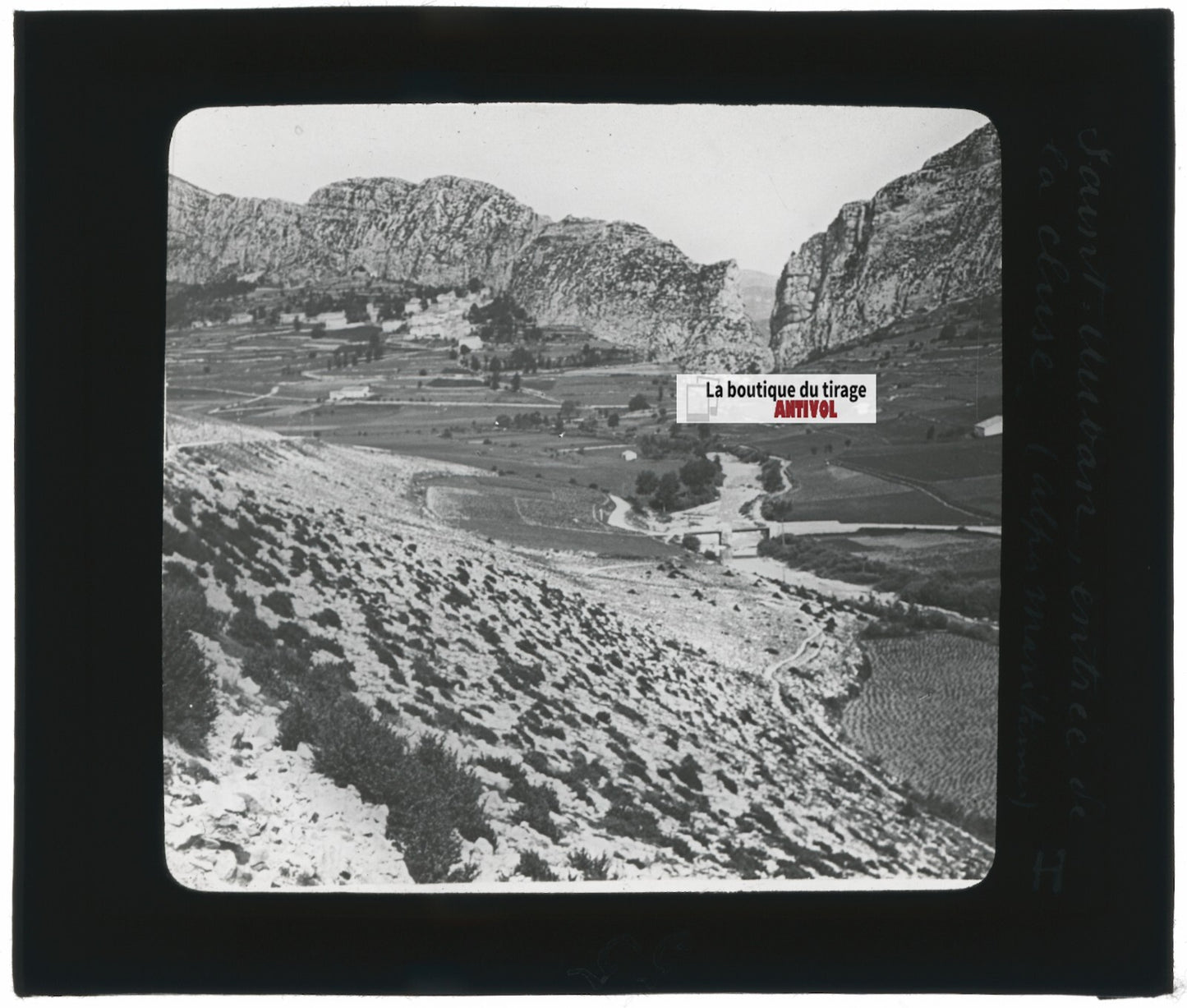 Saint-Auban, paysage, falaise, photo ancienne plaque de verre, positif 8,5x10 cm
