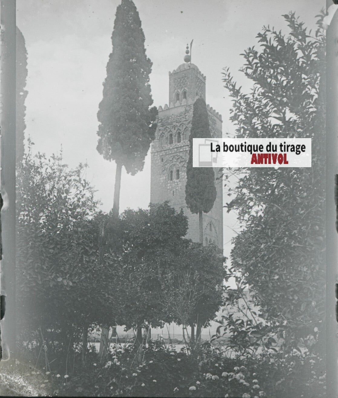 Mosquée Koutoubia, Marrakech, photo ancienne plaque verre, positif 8,5x10 cm