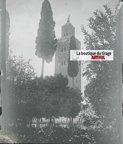 Mosquée Koutoubia, Marrakech, photo ancienne plaque verre, positif 8,5x10 cm