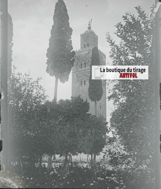 Mosquée Koutoubia, Marrakech, photo ancienne plaque verre, positif 8,5x10 cm