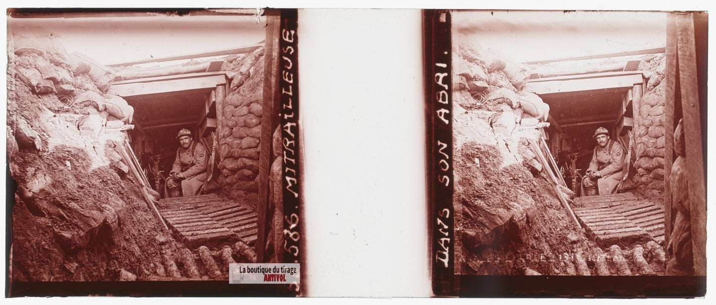 Abri de mitrailleuse, guerre WW1, plaque verre stéréo, photo 4,5x10,7 cm