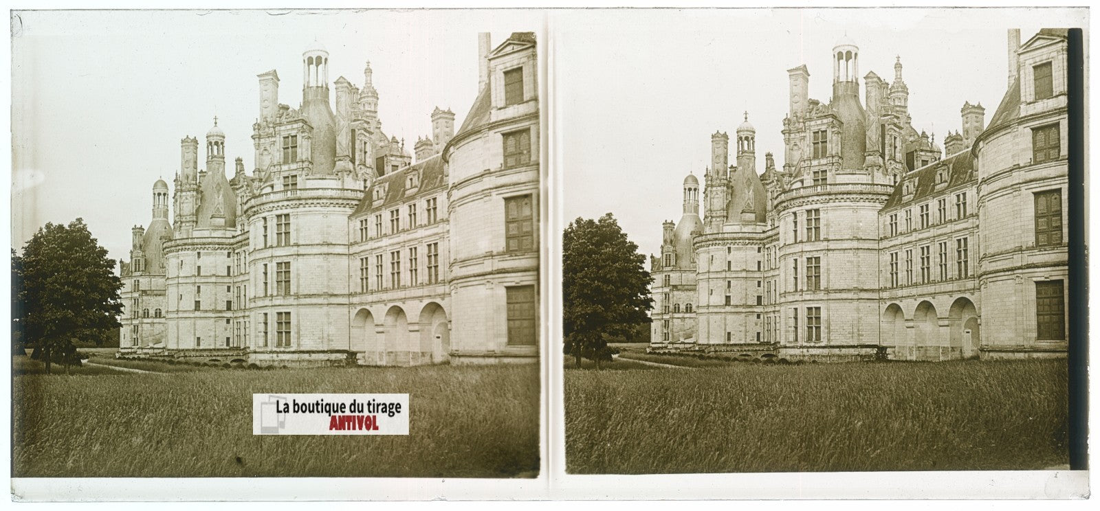 Château de Chambord, plaque verre, photo stéréoscopie, noir & blanc 6x13 cm