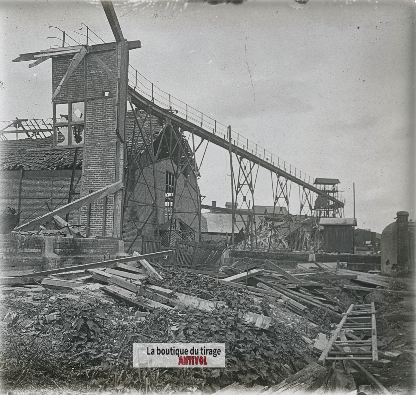 Installation industrielle guerre WW1, plaque verre photo ancienne stéréo 6x13 cm