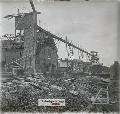 Installation industrielle guerre WW1, plaque verre photo ancienne stéréo 6x13 cm