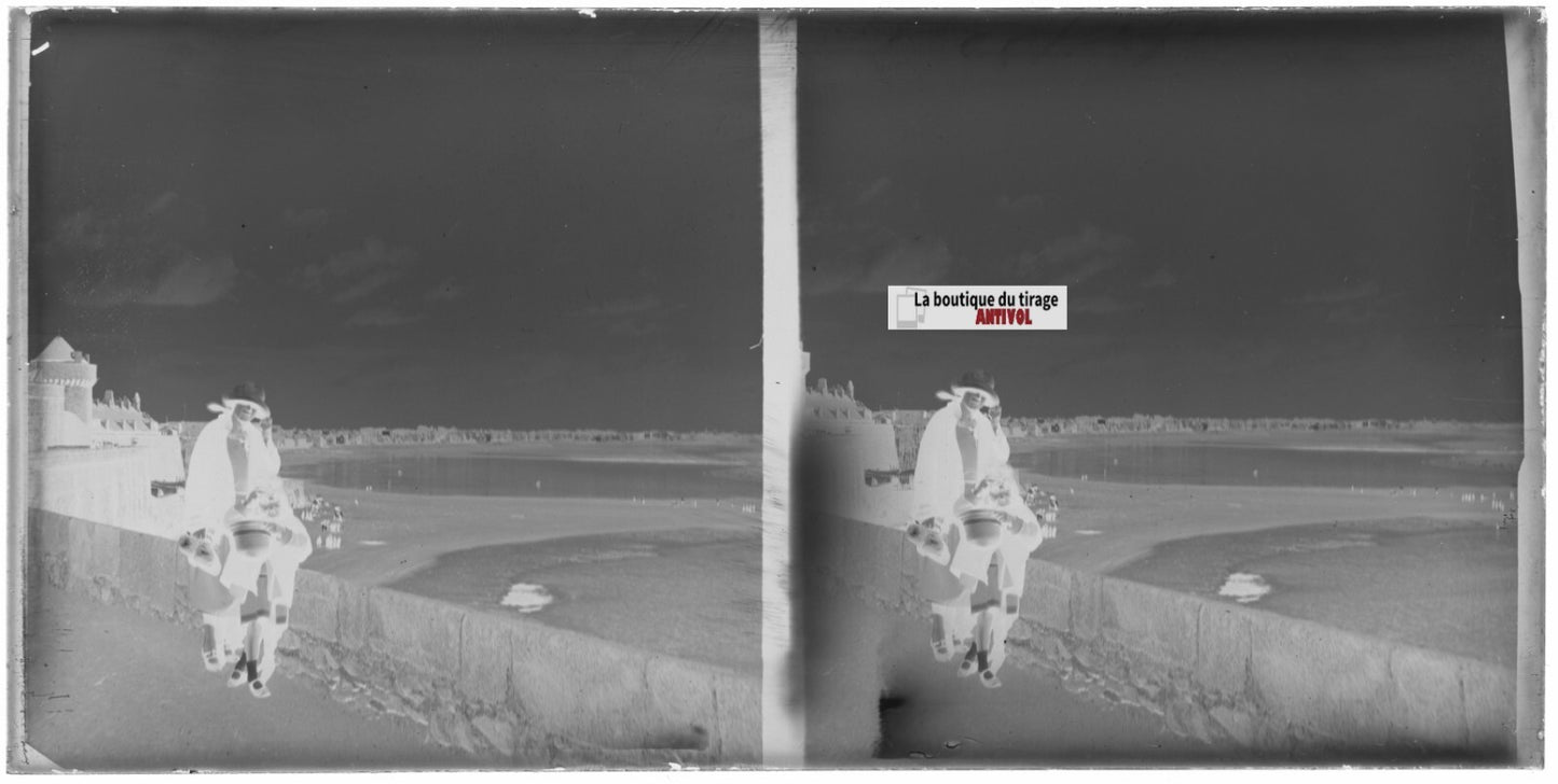 Les remparts Saint-Malo, Bretagne, plaque stéréo ancienne verre, négatif 9x18 cm