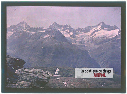 Panorama alpin du Valais, plaque verre, photo ancienne stéréo 9x12 cm Autochrome
