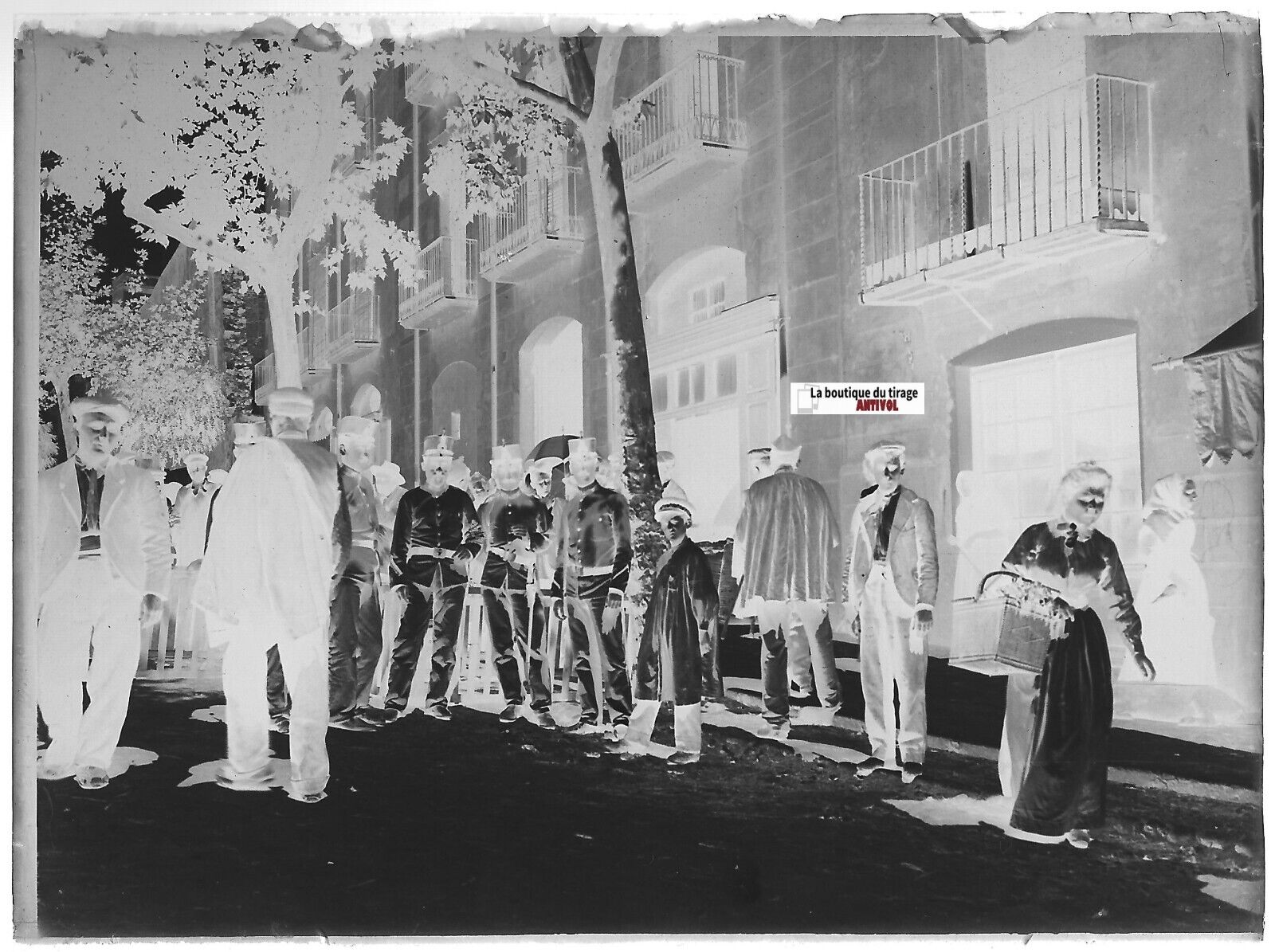 Perpignan, soldats, Plaque verre photo ancienne, négatif noir & blanc 9x12 cm