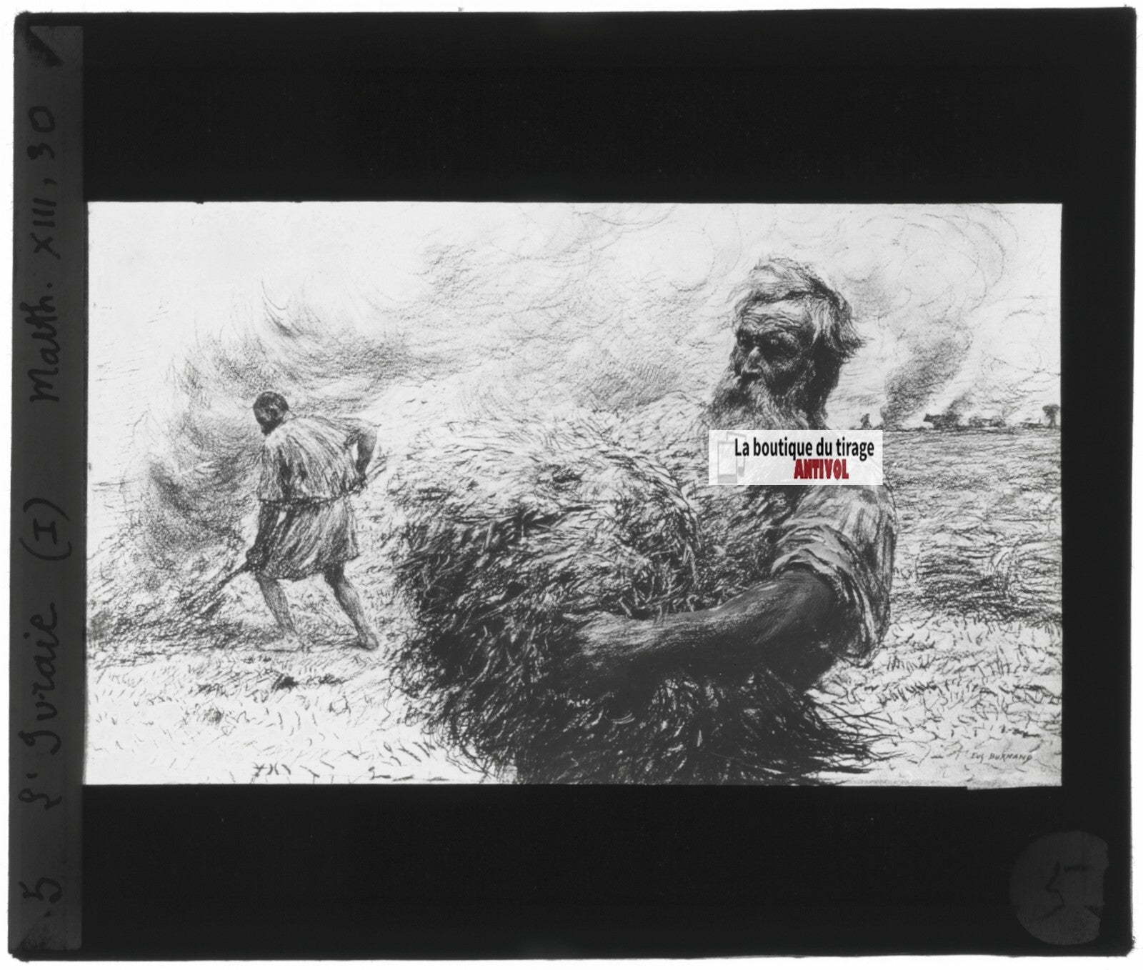 Matthieu, scène religieuse, dessin peinture plaque de verre, positif 8,5x10 cm