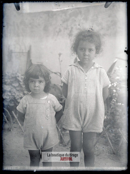 Portrait de deux enfants, plaque verre, photo ancienne, négatif 9x12 cm