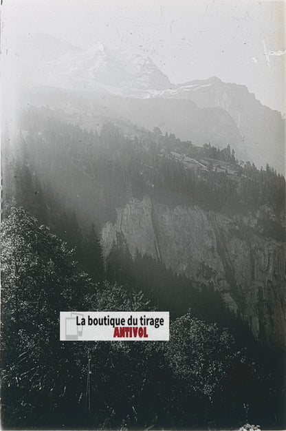 Montagnes, Alpes Suisse, stéréo photo plaque verre, noir & blanc, 9x12 cm