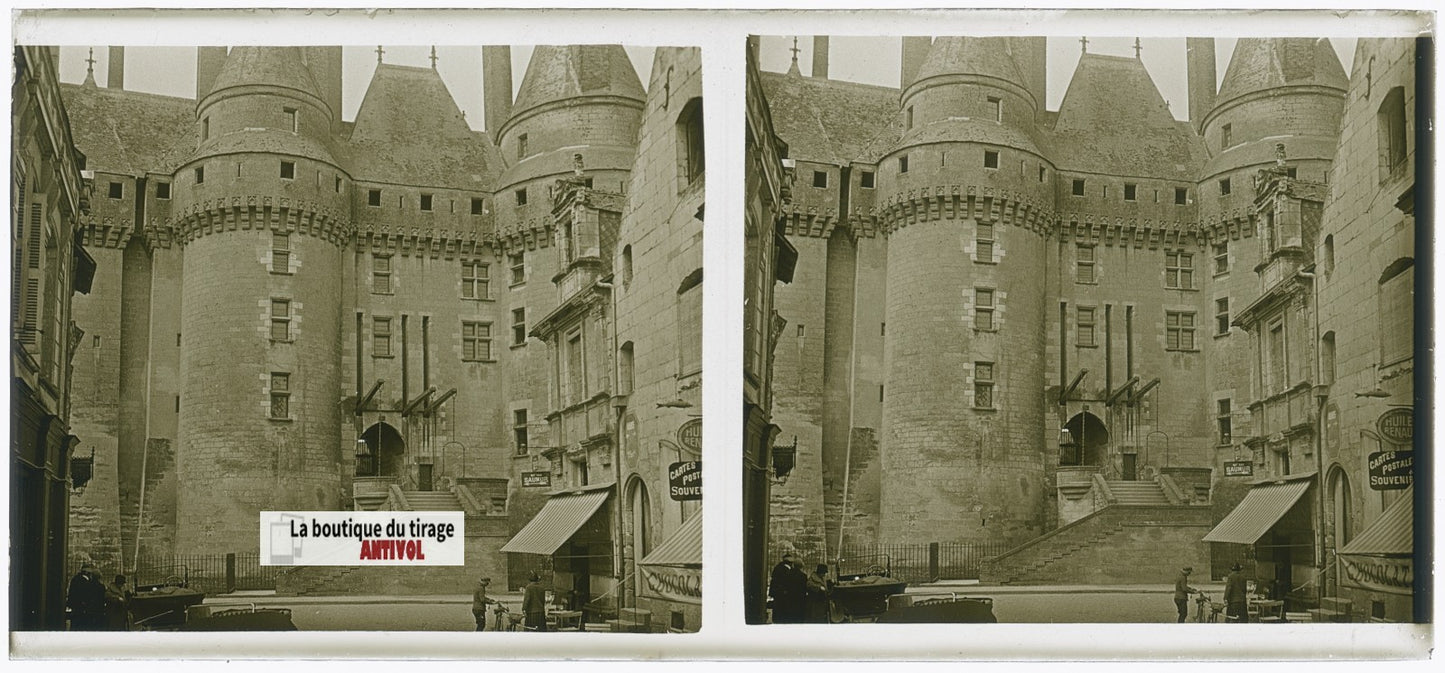 Château de Langeais, plaque verre, photo stéréoscopie, noir & blanc 6x13 cm