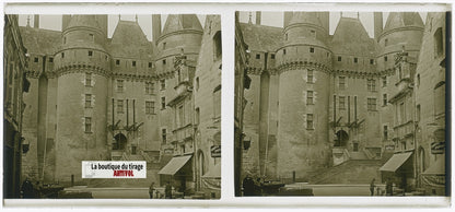 Château de Langeais, plaque verre, photo stéréoscopie, noir & blanc 6x13 cm