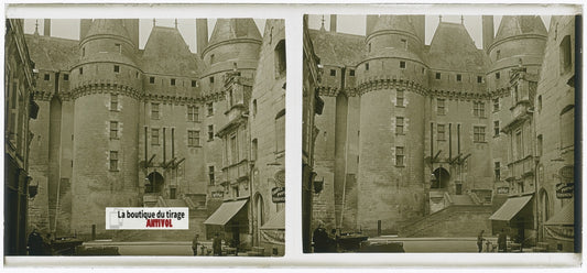 Château de Langeais, plaque verre, photo stéréoscopie, noir & blanc 6x13 cm