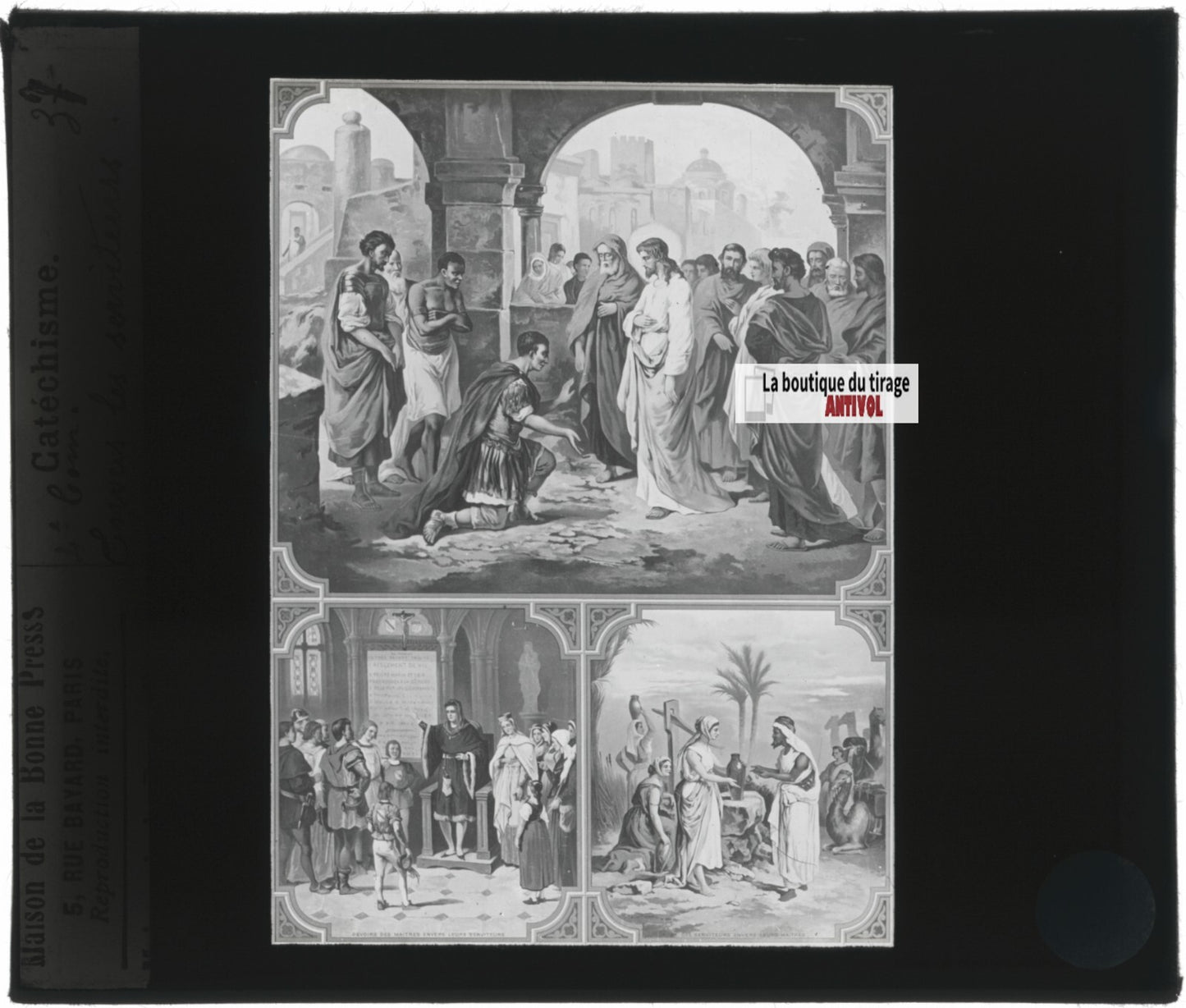 Scène religieuse, catéchisme, dessin peinture, plaque verre, positif 8,5x10 cm