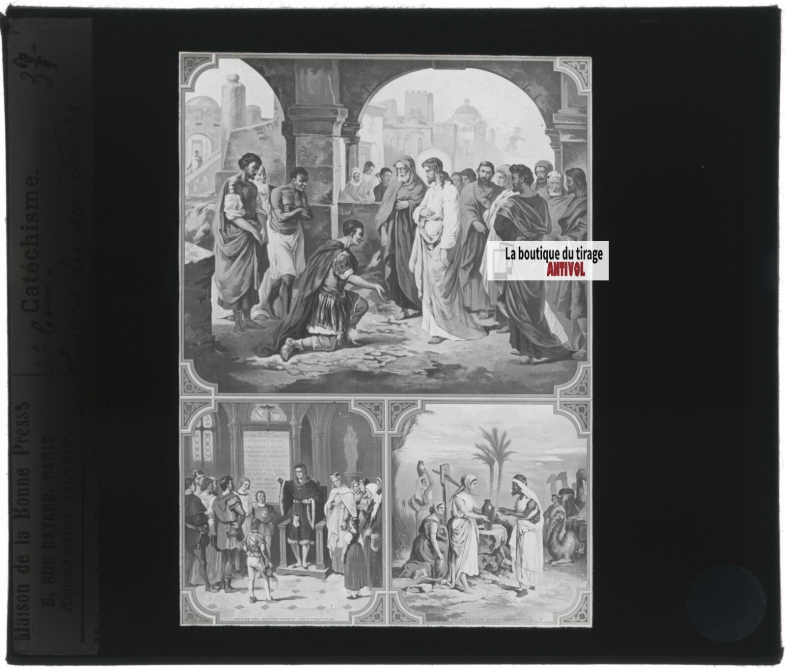 Scène religieuse, catéchisme, dessin peinture, plaque verre, positif 8,5x10 cm