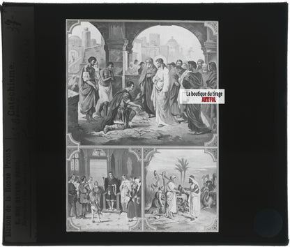 Scène religieuse, catéchisme, dessin peinture, plaque verre, positif 8,5x10 cm