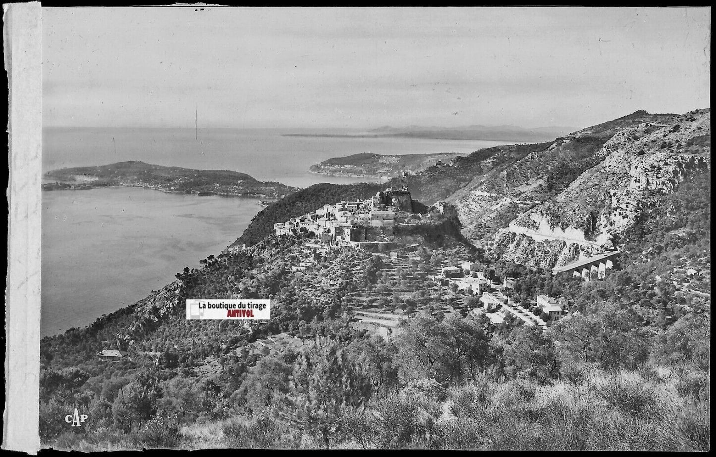 Plaque verre photo ancienne négatif noir & blanc 9x14 cm, Èze, paysage, mer