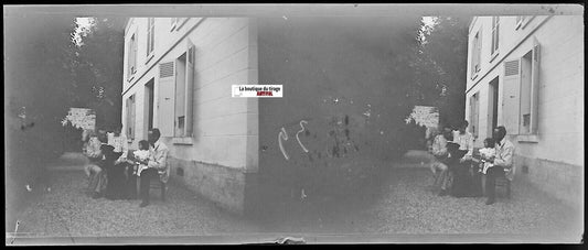 Famille, maison, Plaque verre photo stéréo, négatif noir & blanc 4,5x10,7 cm