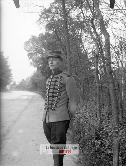 Officier 10ᵉ régiment Hussard, plaque verre, photo ancienne, négatif 9x12 cm