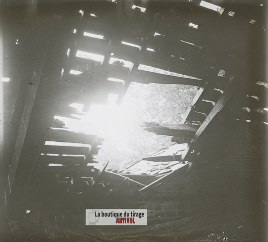 Maison détruite, guerre WW1, plaque verre photo ancienne stéréo 6x13 cm