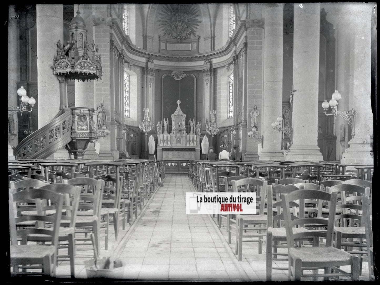Eglise, Carvin, photo ancienne plaque verre, négatif noir & blanc, 9x12 cm