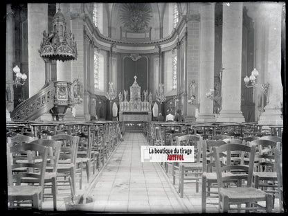 Eglise, Carvin, photo ancienne plaque verre, négatif noir & blanc, 9x12 cm