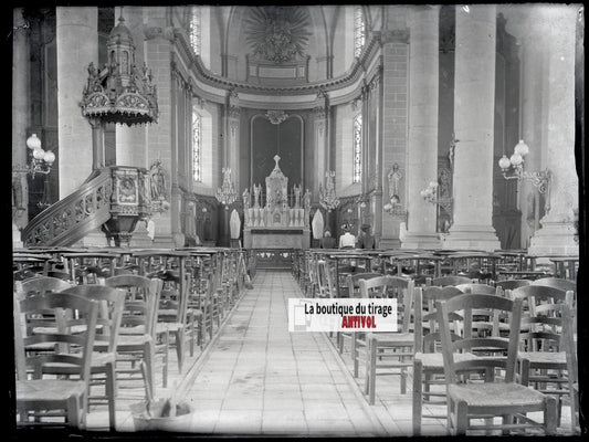 Eglise, Carvin, photo ancienne plaque verre, négatif noir & blanc, 9x12 cm
