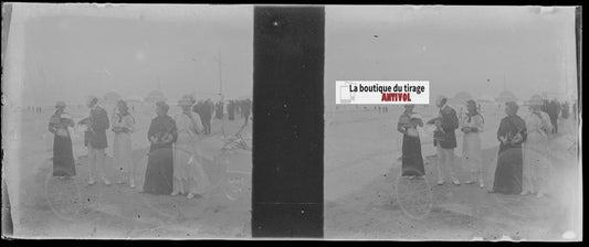 Mer plage, Belgique, Plaque verre stéréoscopie, négatif noir & blanc 4,5x10,7 cm