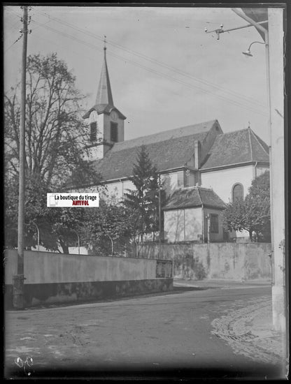 Oberschaeffolsheim, église, Plaque verre photo, négatif noir & blanc 9x12 cm