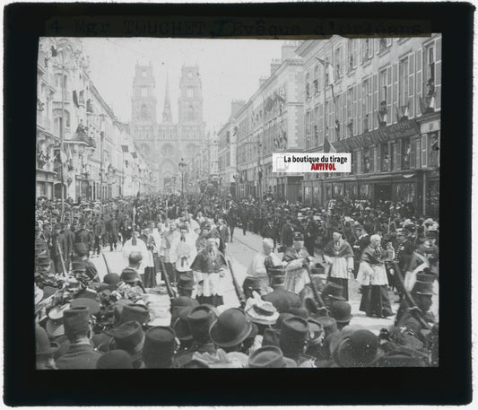 Défilé religieux, Orléans, photo plaque verre, noir & blanc, positif 8,5x10 cm