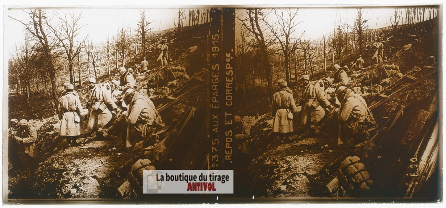 Aux Éparges, 1915, guerre WW1, plaque verre photo ancienne stéréo 6x13 cm
