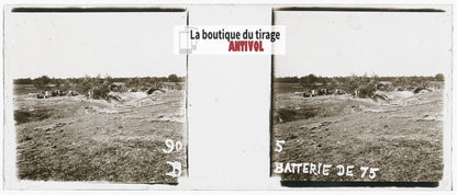 Batterie de 75, Artillerie, WW1, plaque verre stéréo, photo ancienne 4,5x10,7 cm