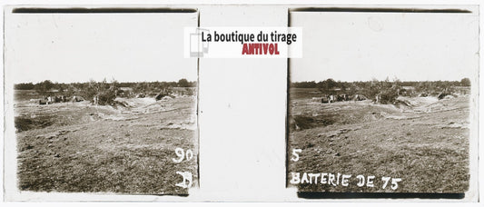 Batterie de 75, Artillerie, WW1, plaque verre stéréo, photo ancienne 4,5x10,7 cm