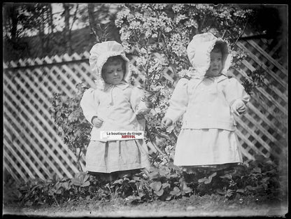 Plaque verre photo ancienne négatif noir et blanc 9x12 cm petites filles jardin